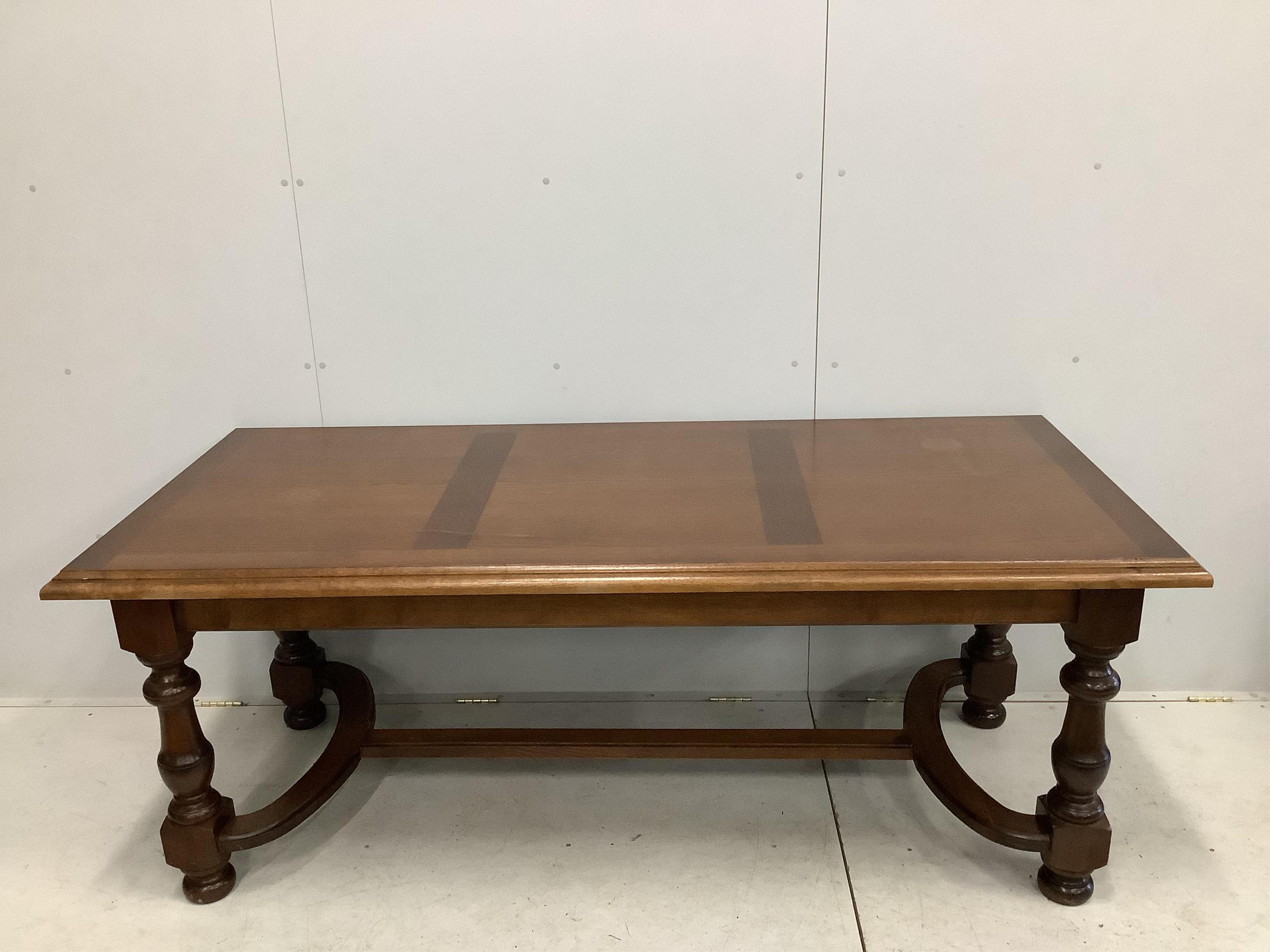 An 18th century style French rectangular oak refectory table with detachable end sections, width 200cm, 300cm extended, depth 90cm, height 76cm. Condition - good